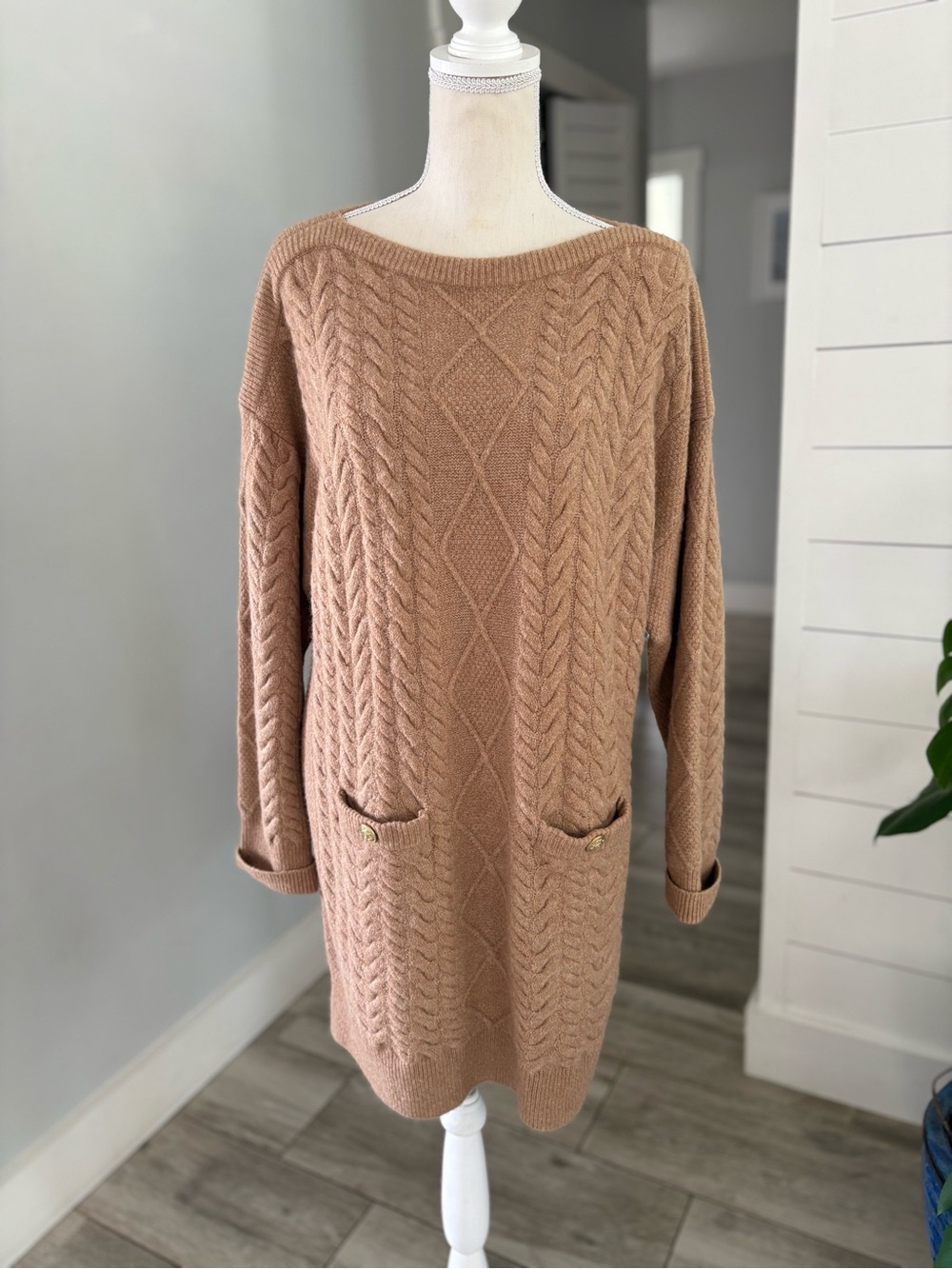 J Crew Sweater Dress Womens Large Brown Cable Knit Long Sleeve Wool Blend NEW WT